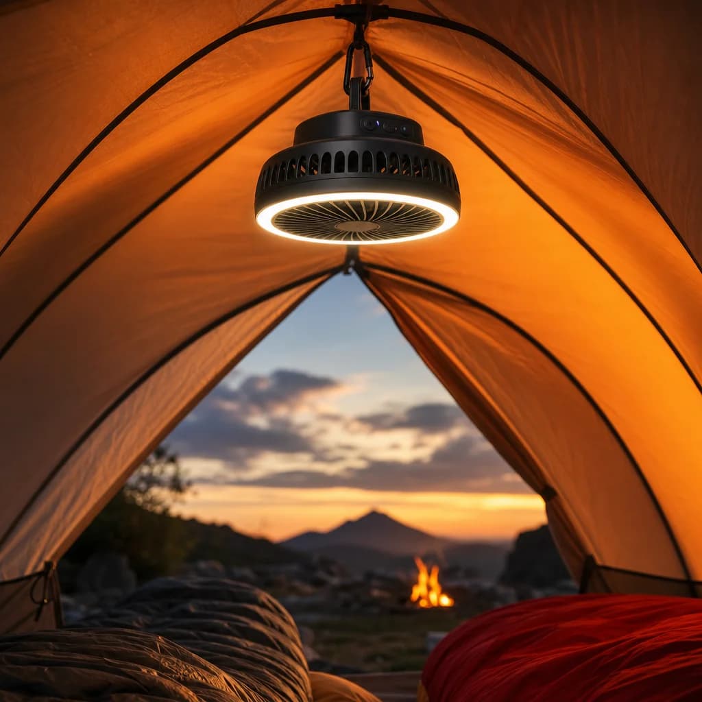 Hangs from any tent. Stands on any table.